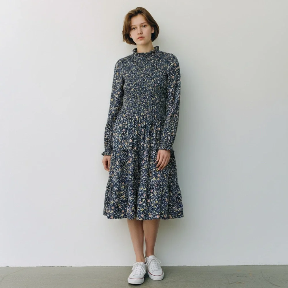 Polo Ralph Lauren Girls XL 16 Navy Floral Smocked Tiered Long-Sleeve Dress